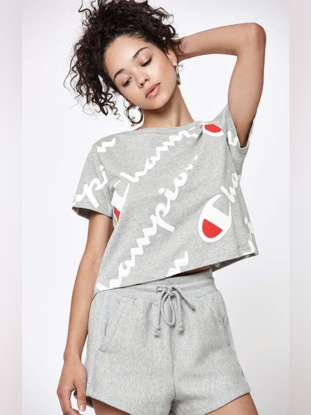 Champion Crop Tee Women XS Gray Allover Logo Script Y2K Streetwear